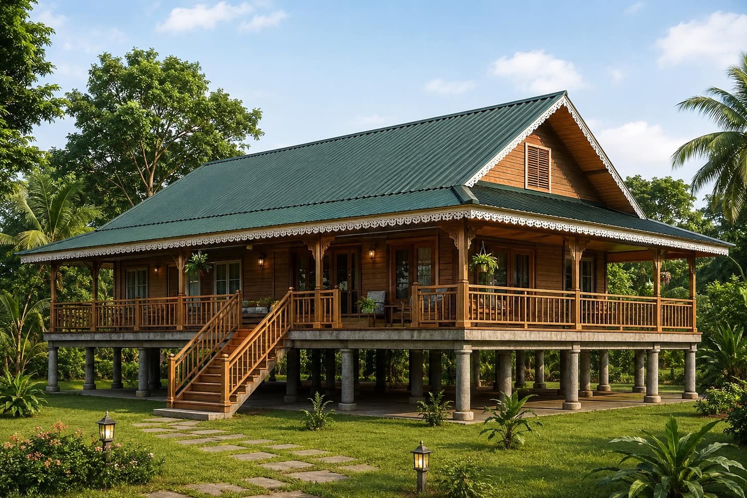 Wooden duplex cottage among greenery