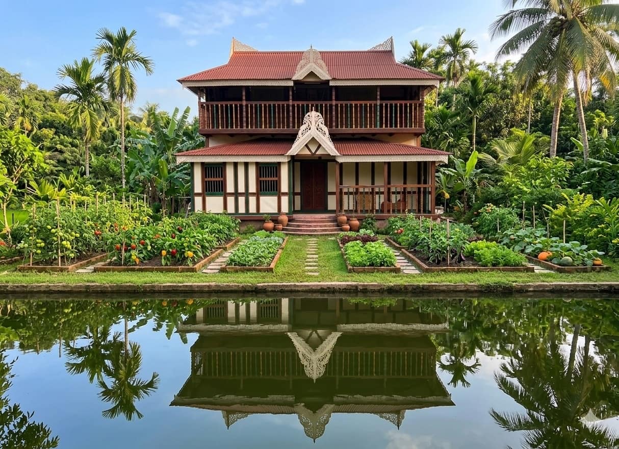 Lakeside farmhouse reflected in a still pond with a vegetable garden